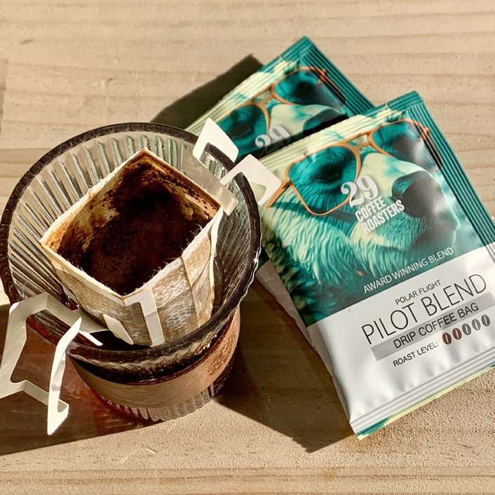 Pack of 10 Drip Coffee Pilot Blend packs, award-winning rich flavor, convenient on-the-go brew