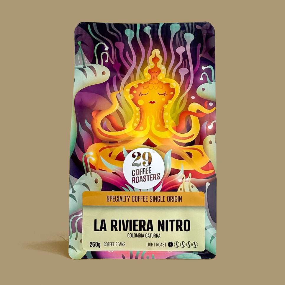 Single Origin Colombia La Riviera Nitro Caturra coffee with fruity aroma of watermelon and honeydew from Risaralda region