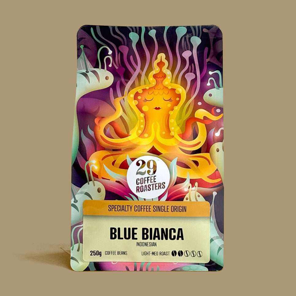 Single Origin IN Blue Bianca Sumatra Indonesian arabica coffee from Dolok Sangul, Sumatra, wet pulped Onang Ganjang varietal at 1400 MASL