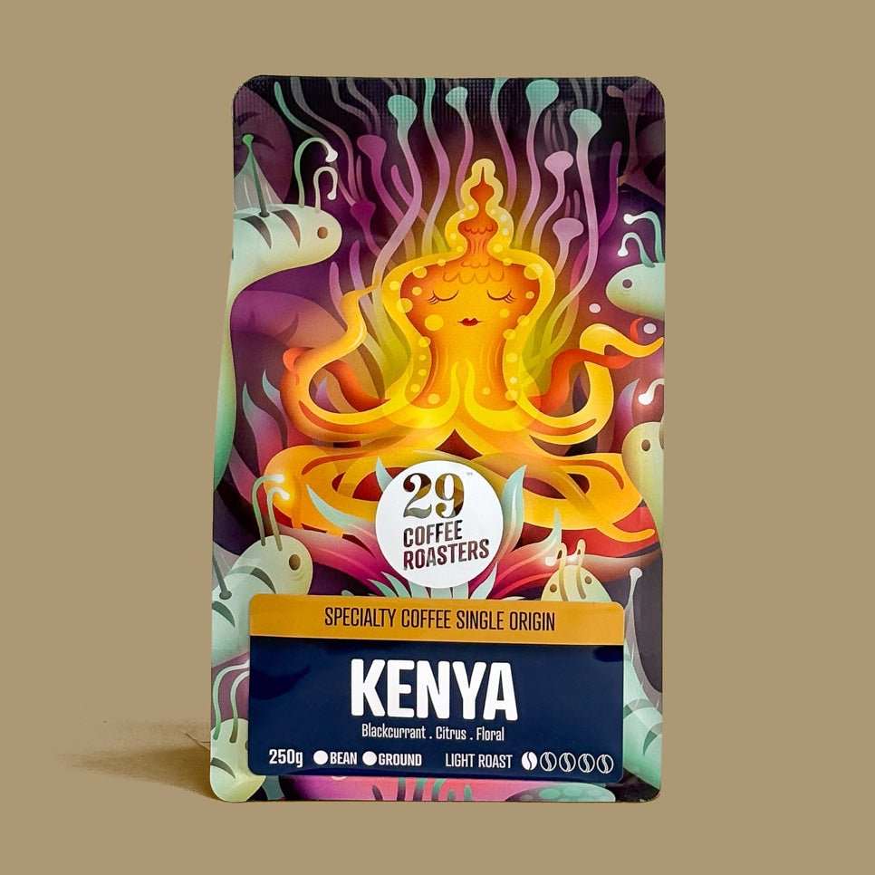 Single Origin Kenya Microlot AA/AB coffee with sweet ruby grapefruit, raspberry, floral, milk chocolate, and honey notes