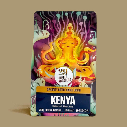 Single Origin Kenya Microlot AA/AB coffee with sweet ruby grapefruit, raspberry, floral, milk chocolate, and honey notes