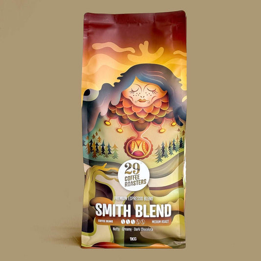 The Espresso Smith Blend coffee awards and taste notes with cocoa, biscuit, nut, fruit, sweet, and smooth flavors