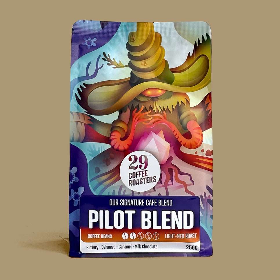 The Polar Flight Pilot Blends coffee packaging highlighting award-winning multi-method brew with juicy, elegant flavors