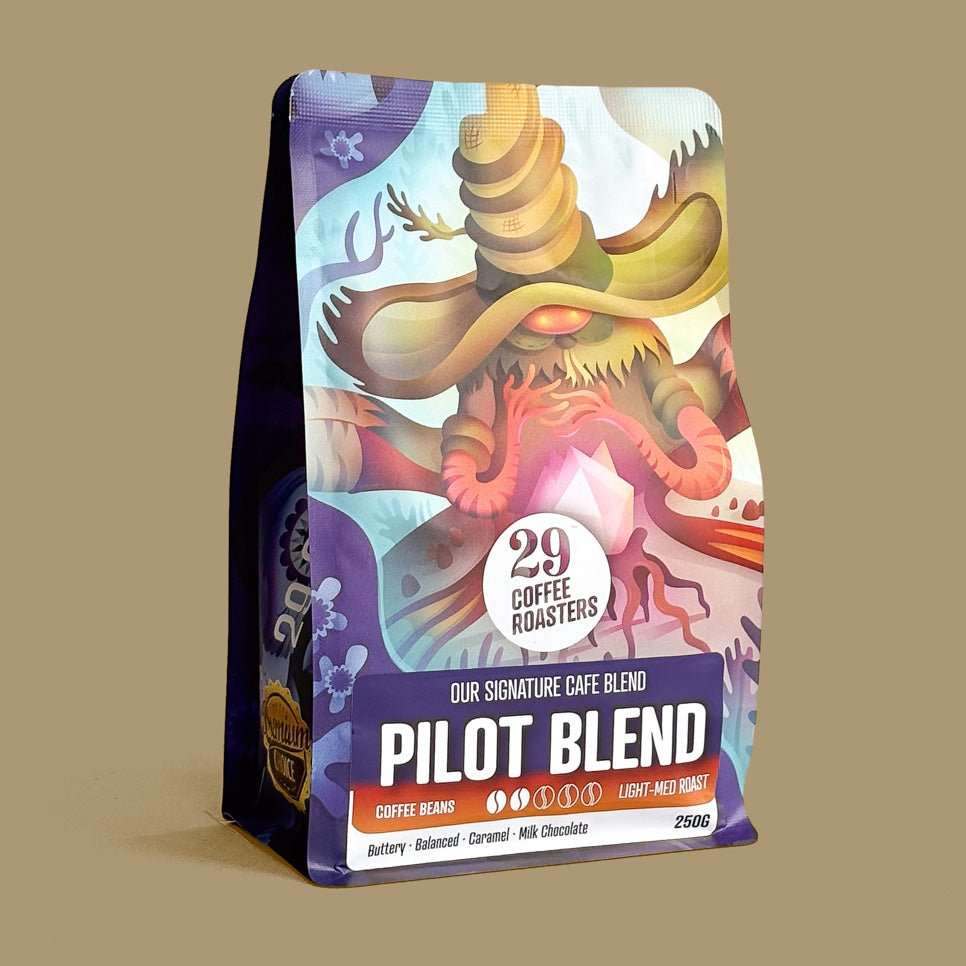 The Polar Flight Pilot Blends coffee bag with award badges and flavor notes of juicy berries and milk chocolate